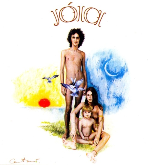 The album cover for Caetano Veloso's 1975 album Jóia features the sun and moon,birds, and Caetano looking primitive.