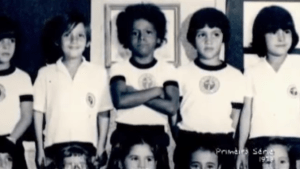 Gustavo felt out of place as one of the only black students at the expensive American school he attended in Niterói. Here is his first grade class picture from 1979.