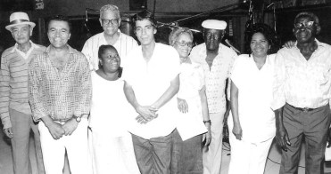 Monarco, second from left, and Zeca Pagodinho, center, with Velha Guarda da Portela, c. late 80s. In 1987, Zeca Pagodinho released his first album, with Monarco's song "Coração em desalinho," a huge hit.